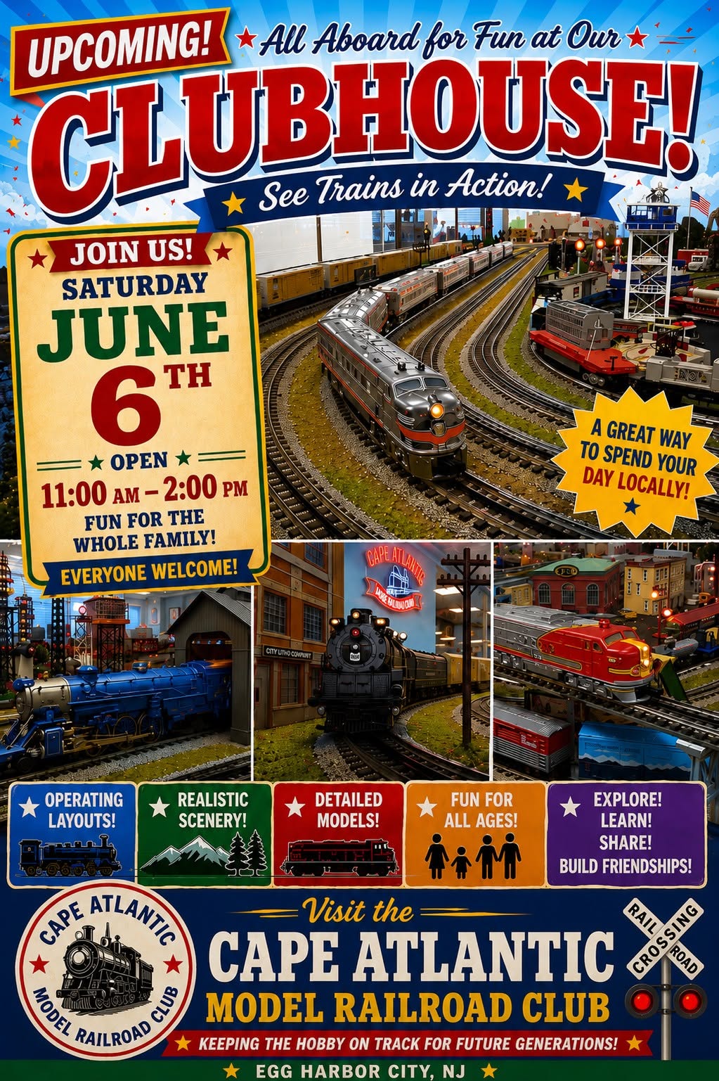 Collection of model train rolling stock including freight cars and locomotives on display tracks
