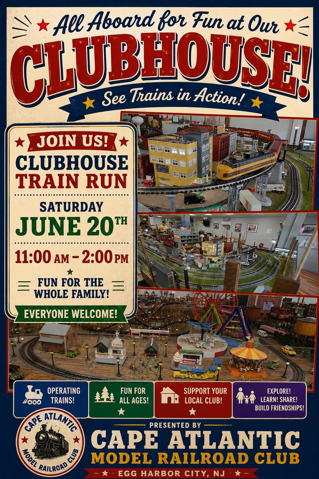 Panoramic view of the Cape Atlantic Model Railroad Club main layout room with multiple operating tracks