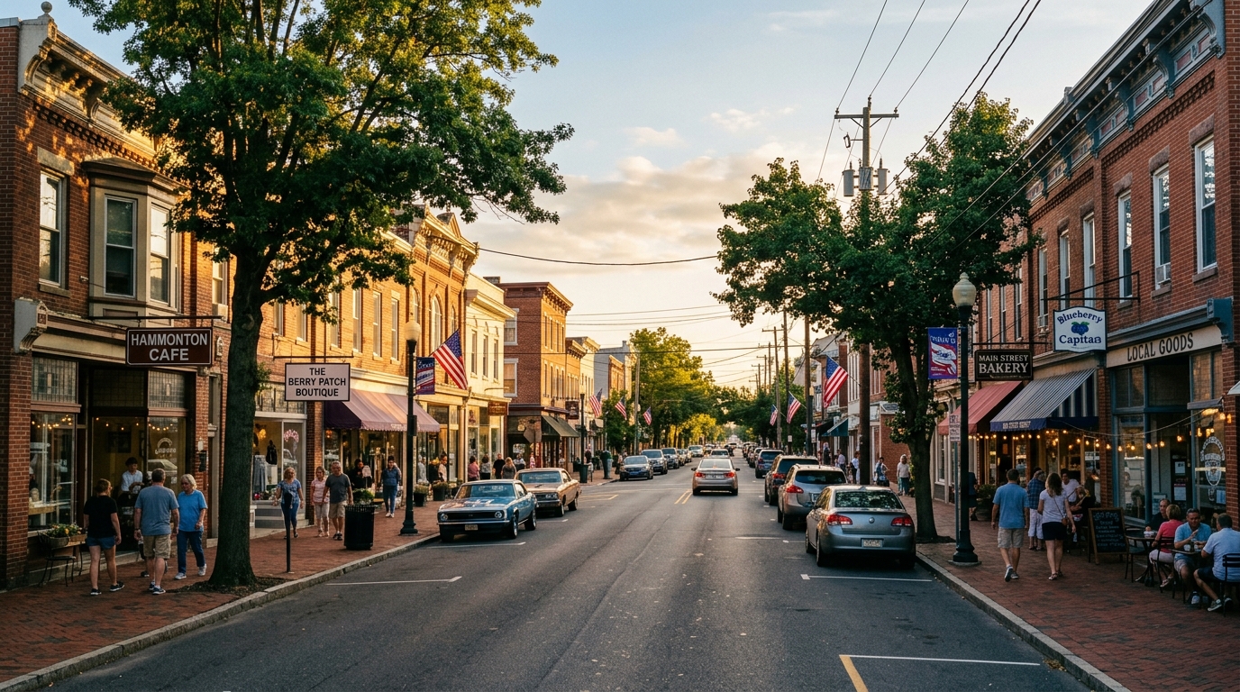 Golden hour view of Hammonton, New Jersey main street with historic brick buildings, tree-lined sidewalks, and American flags