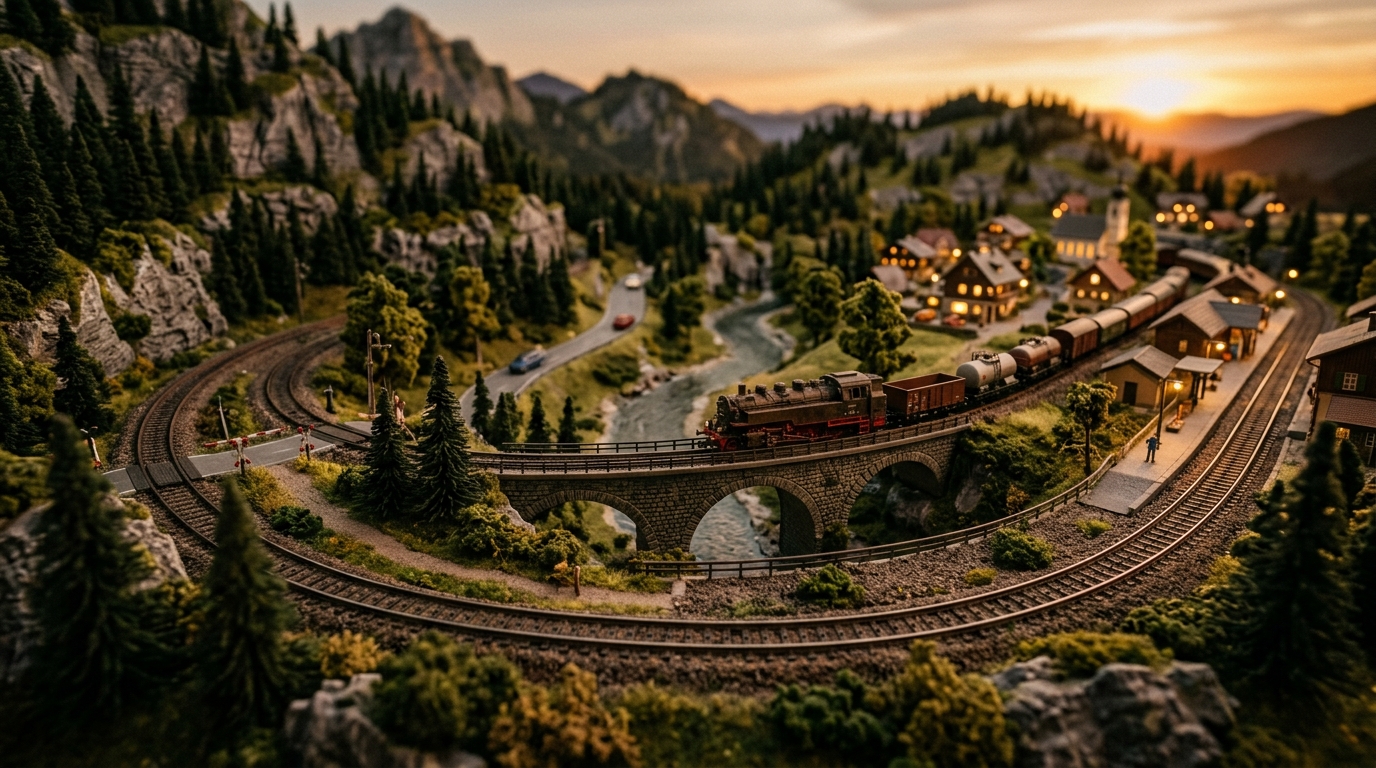 Cinematic view of a detailed model railroad layout with miniature trains crossing a stone viaduct at golden hour